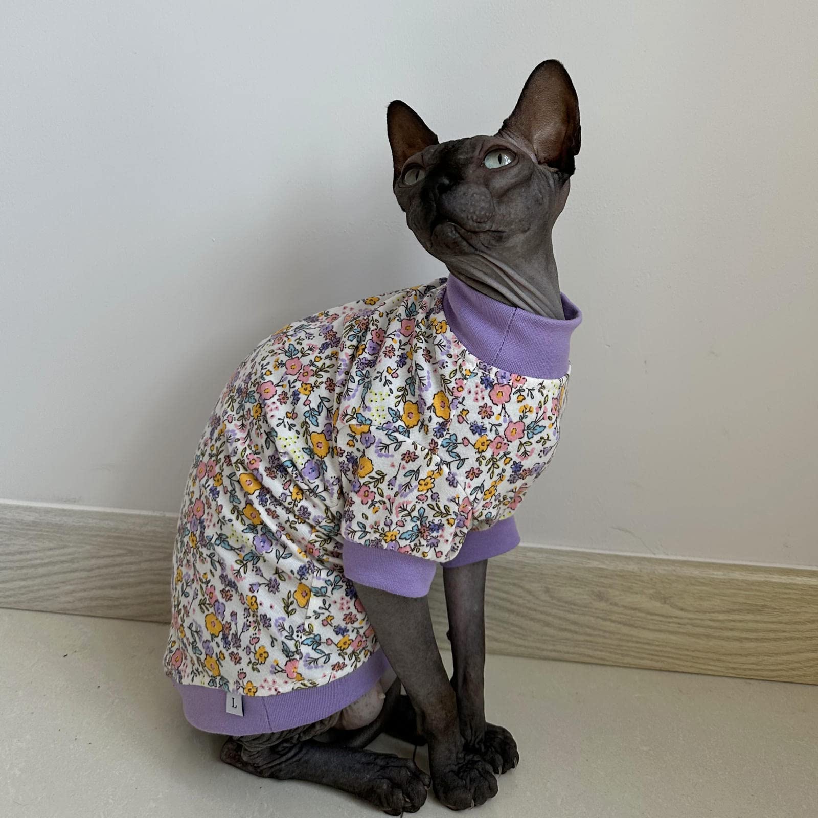Sphynx Hairless Cat Cute Summer Cotton T-Shirts Pet Clothes,Round Collar Kitten Shirts Cats Apparel (Flor Do Campo, X-Large (Pac